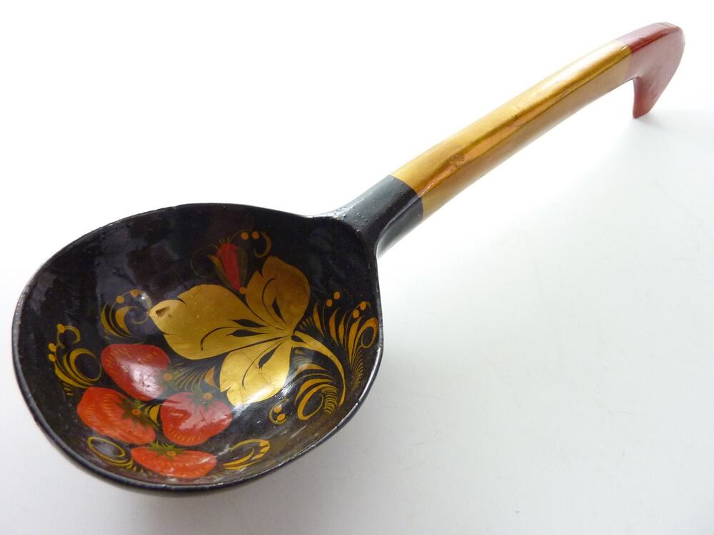 Vintage Russian Khokhloma Lacquer Spoon Strawberry Hand Painted Wood Serving 11"